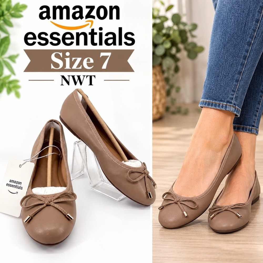 Amazon Essentials Womens Billie Ballet Flats Size 7 Beige Bow NWT Slip On Shoes